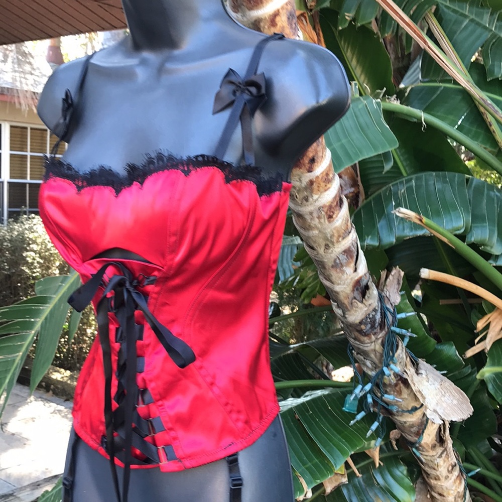 Fredericks of Hollywood red satin bustiers with bows